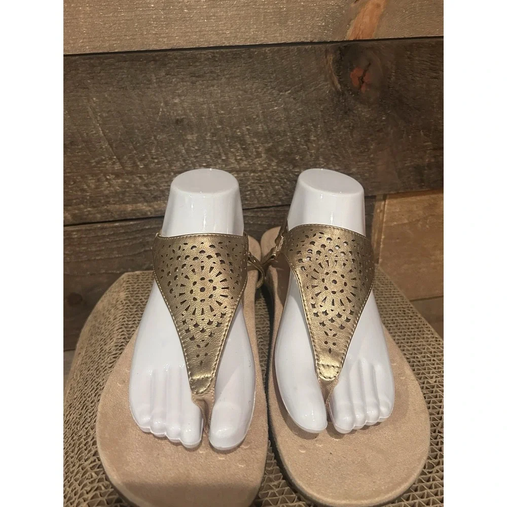 Vionic Kirra II Gold Leather T-Strap Backstrap‎ Toe Post Comfort Sandal 9.5 EUC